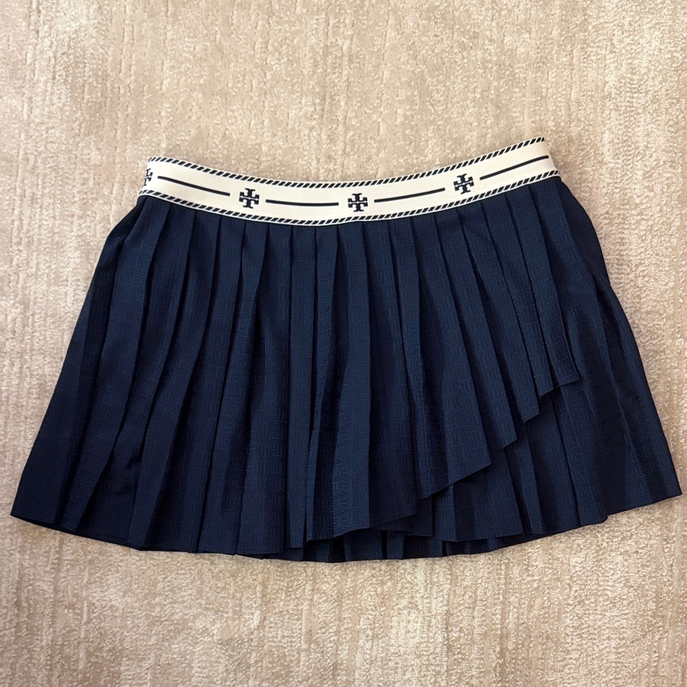 Tory Burch Navy Pleated Tennis Skirt with LogoContrast Waistband